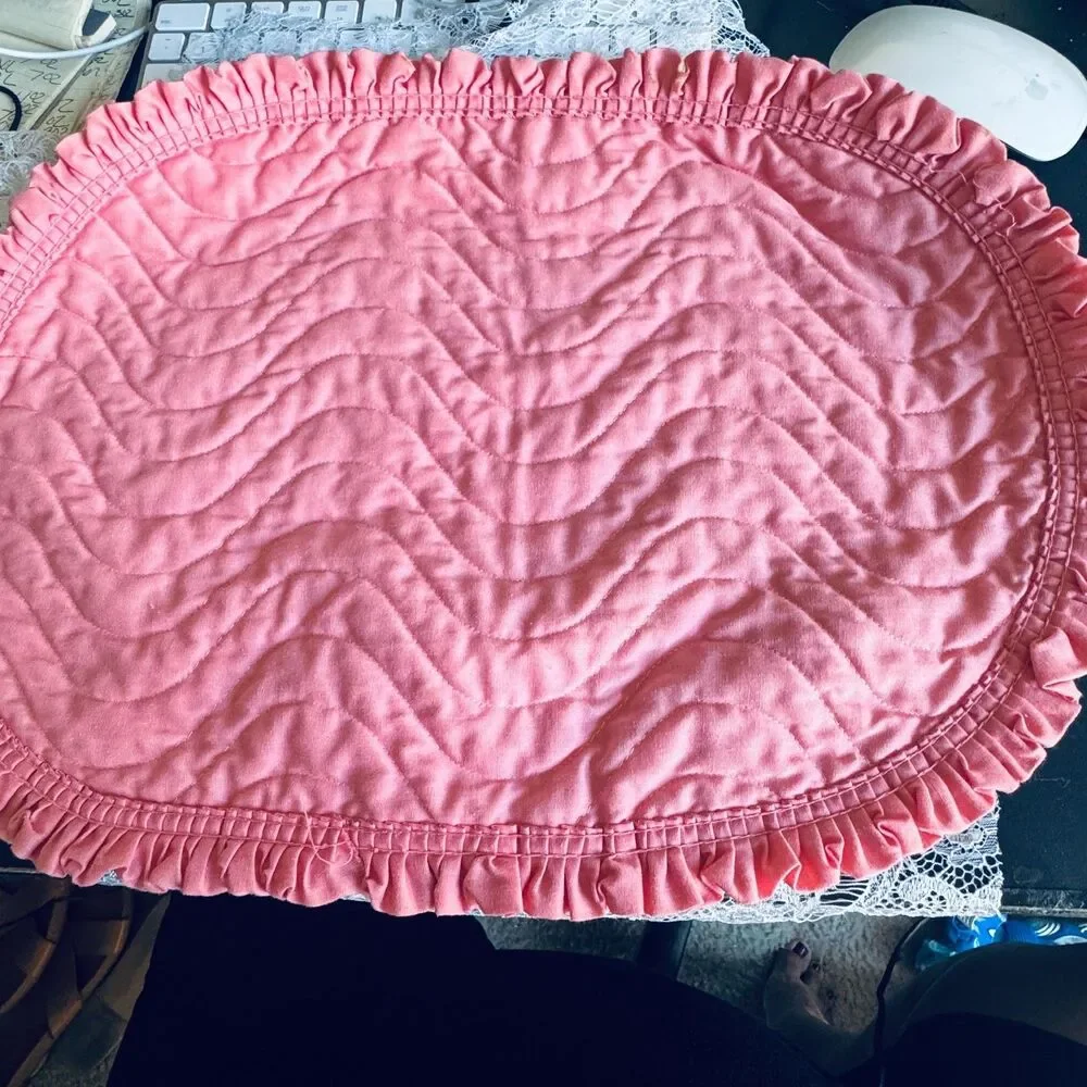 4 Vintage Style Quilted Rose Pink Ruffle Oval Placemats Cottagecore Grandmacore